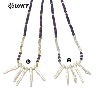 WT-JN105 Wholesale Natural Pearl Pendant Necklace With 3mm Amethyst Beads 3mm Brass Beads Chain Themed Pendant in Randomly Shape