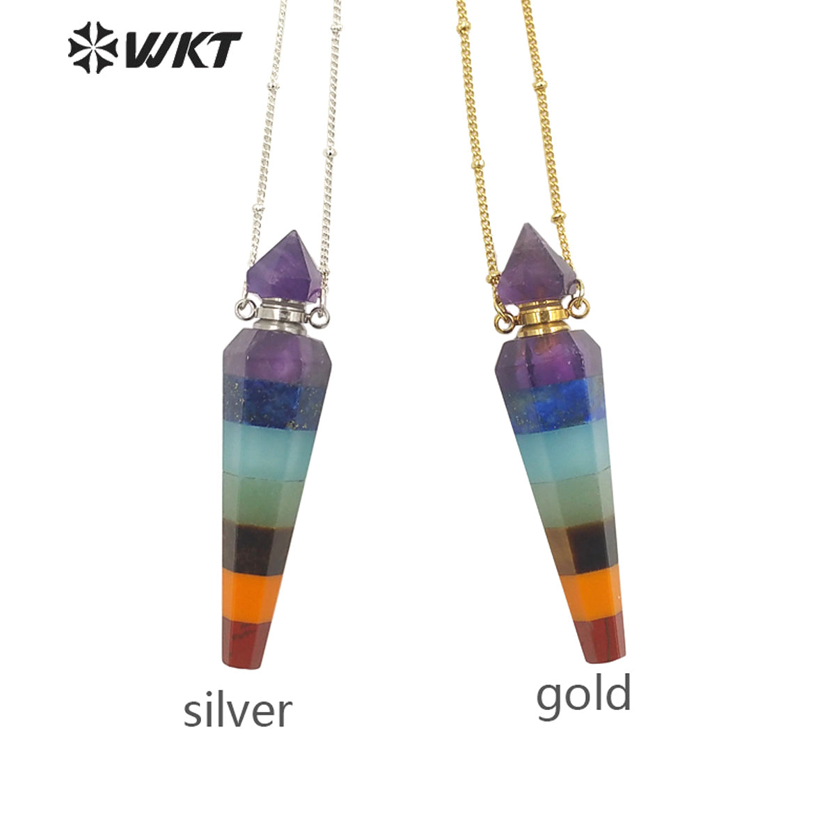WT-N1406 Wholesale Fashion Energy Seven CHAKELA Natural Stone Essencial Oil Bottle Pendant Necklace with 18k Gold Stellite Chain