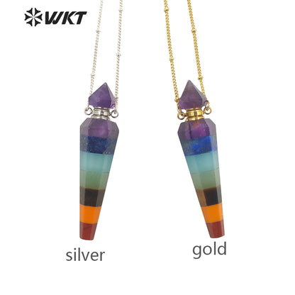 WT-N1406 Wholesale Fashion Energy Seven CHAKELA Natural Stone Essencial Oil Bottle Pendant Necklace with 18k Gold Stellite Chain