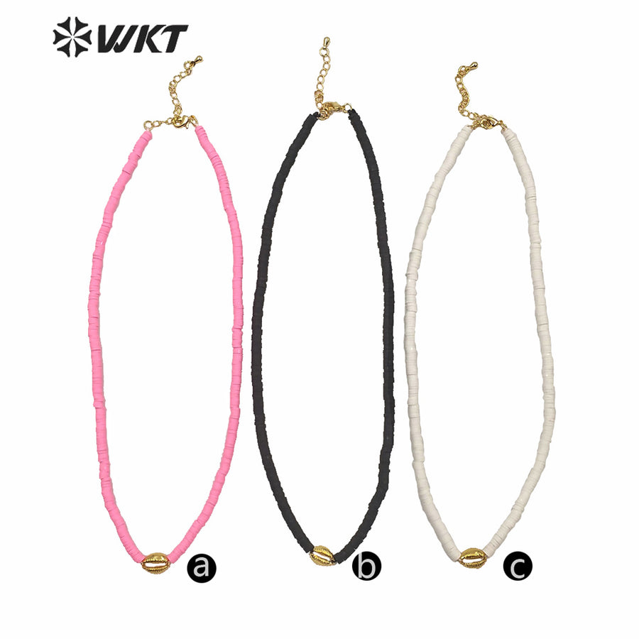 WT-JN125 HOT New Arrive 4mm Spacer Beads Choker Necklace Lady pink Color Cowrie Shell Choker Necklace with Charms
