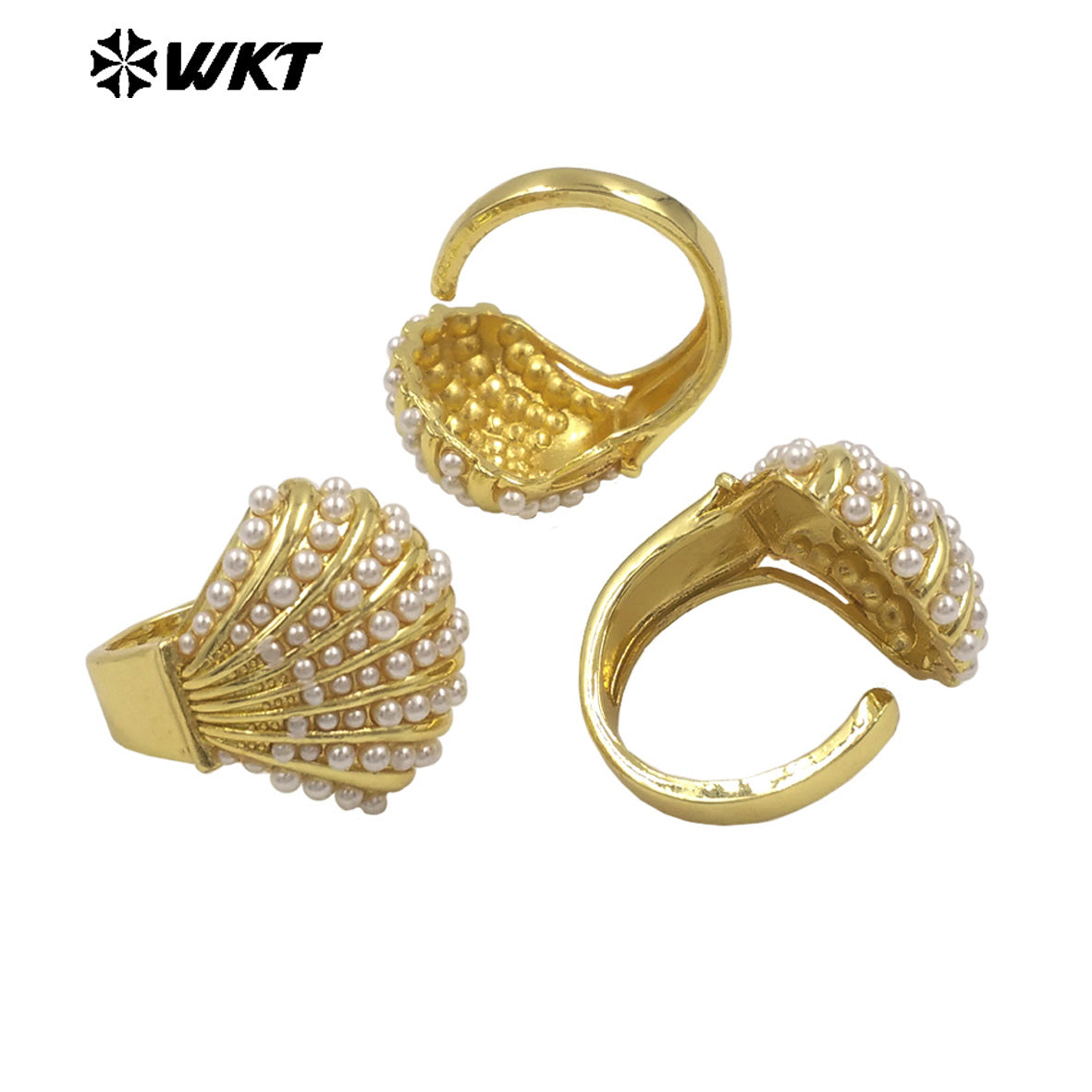 WT-MPR163 Wholesale Luxury Delicate Gold Plated Artificial Pearl Metal Shell Shape Ring For Lady Wedding Wearing Jewelry