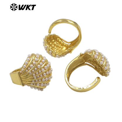 WT-MPR163 Wholesale Luxury Delicate Gold Plated Artificial Pearl Metal Shell Shape Ring For Lady Wedding Wearing Jewelry