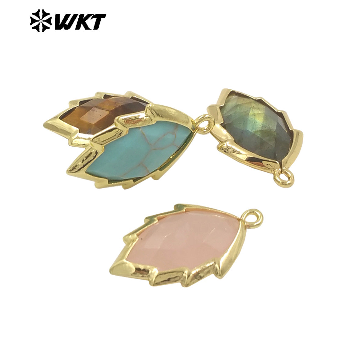 WT-P1990 Simple and Small Natural Multi-Type Gemstone 18K Gold Plated Delicate Leaf Shape Pendant Unisexes Jewelry DIY Necklace