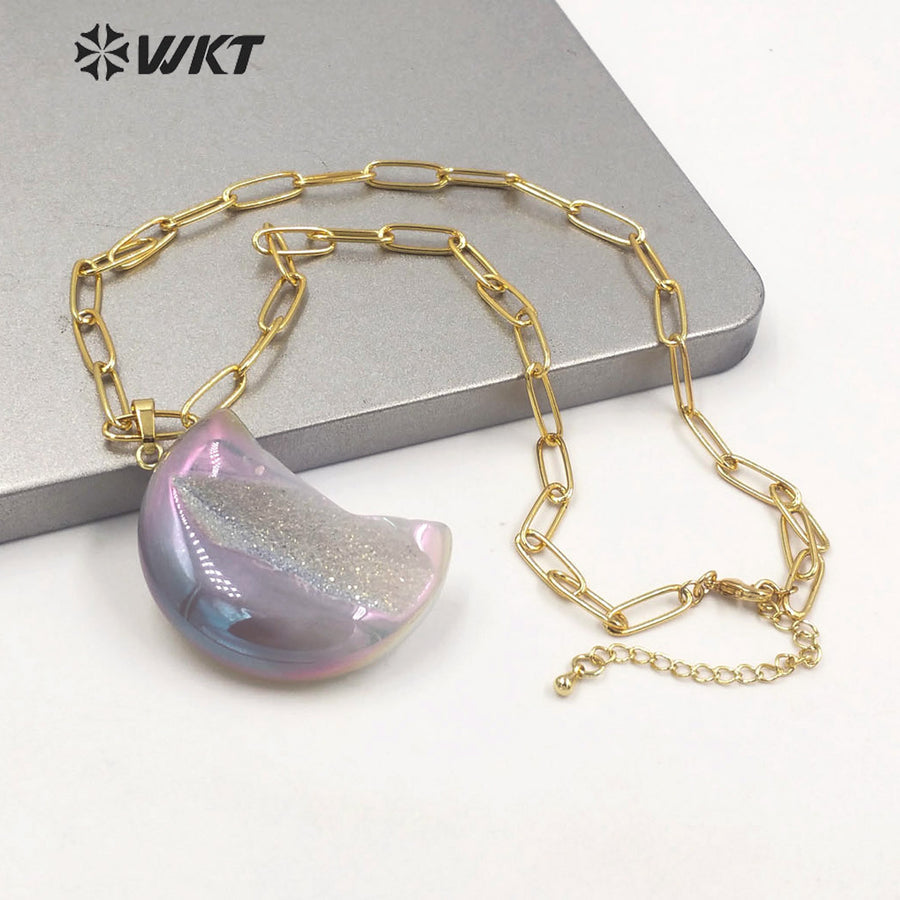 WT-N1393 Wholesale Fashion Gold Aura Druzy Agate Stone Necklace Grey Geode Agate Moon Necklace with Link Chain Healing Necklace