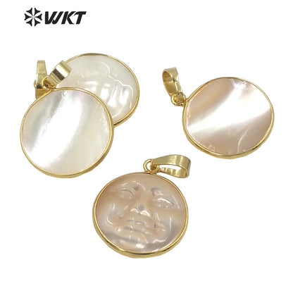 WT-JP243 American Hot Sales Round Shell Carved Face Charms Lady Charming Hand Carved People Face Pendant Made of Shell