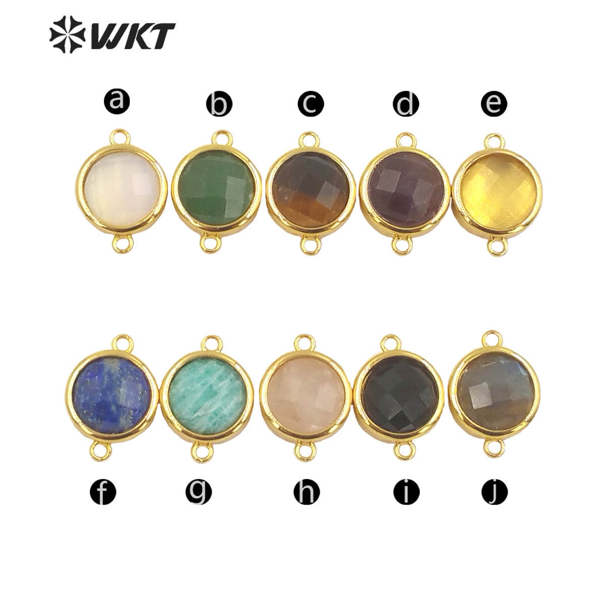 WT-C307 Wholesale Fashion Small Round Gold Bezel Jewelry Connectors Delicate Double Loops Natural Gemstone Charms in 12mm