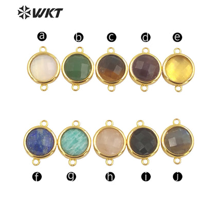 WT-C307 Wholesale Fashion Small Round Gold Bezel Jewelry Connectors Delicate Double Loops Natural Gemstone Charms in 12mm