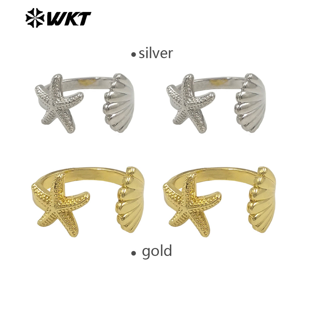WT-R554 Sea Creative Personality 18K Gold Plated Adjustable Starfish Shell Shape Summer Ring for Hot Girls As Daily Decoration