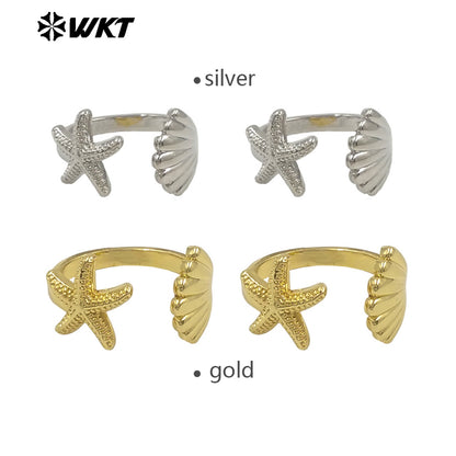 WT-R554 Sea Creative Personality 18K Gold Plated Adjustable Starfish Shell Shape Summer Ring for Hot Girls As Daily Decoration