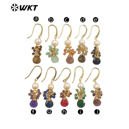 WT-E722 WKT Exclusive Design Handmade Precious Tiny Stone Charm Earrings Attractive Long Dangle Birthday Stone Earrings