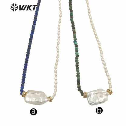 WT-JN132 Wholesale Beautiful DIY Hand Make 4mm Pearl Beads Necklace Women Fashion Square Pearl and Stone Mix Beads Necklace