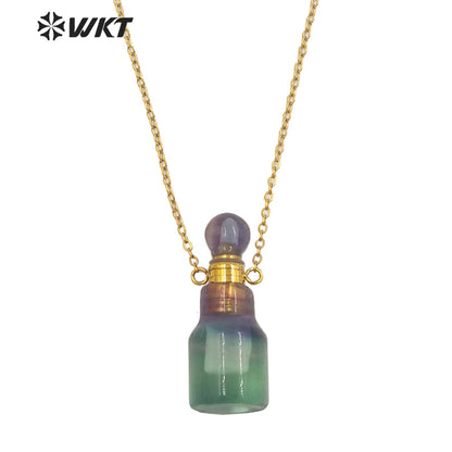 WT-N1455 Newest Fashion Gold Plated Natural Stone Made Rainbow Fluorite Perfume Bottle Necklace Girl Birthday Gift Jewelry