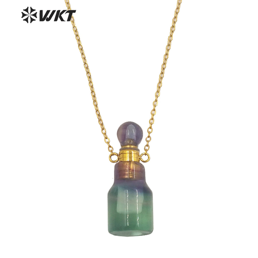 WT-N1455 Newest Fashion Gold Plated Natural Stone Made Rainbow Fluorite Perfume Bottle Necklace Girl Birthday Gift Jewelry