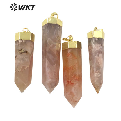 WT-P1639 WKT New Natural Long Spirit Quartz Point Cherry Agate Stone Jewelry Pendant 18k Gold Plated Hexagonal Point Pendant
