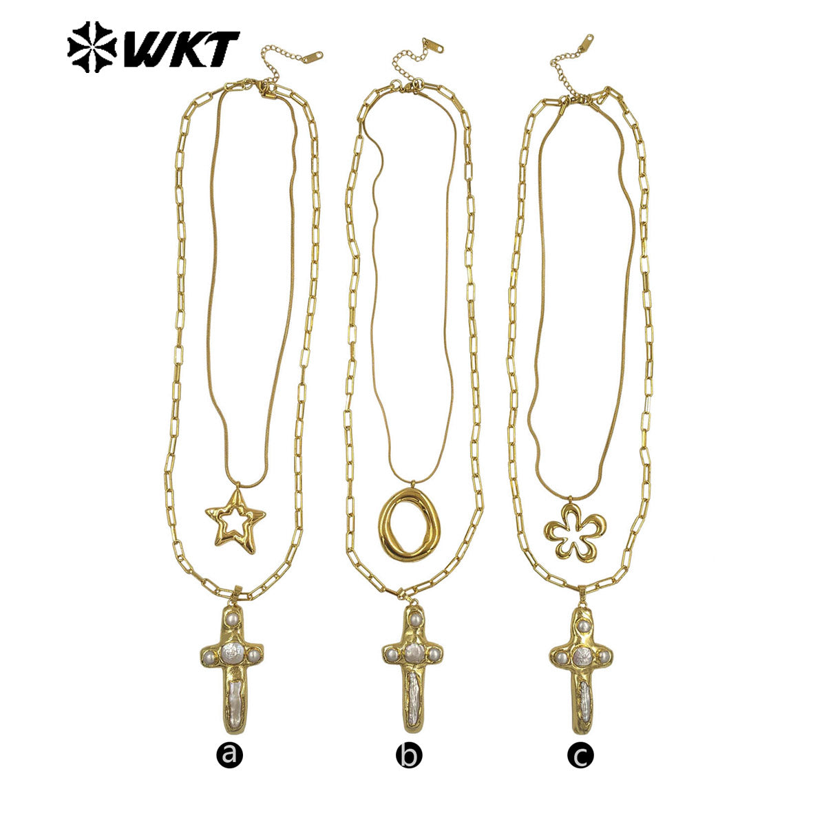 WT-JN366 Vintage 18K Gold Plated Natural Freshwater Pearl Cross And Flower Star Pendant Double Layers Necklace As Party Gifts