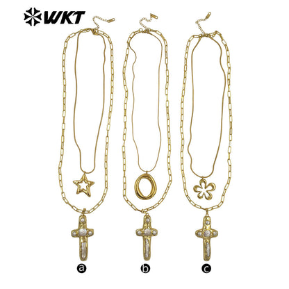 WT-JN366 Vintage 18K Gold Plated Natural Freshwater Pearl Cross And Flower Star Pendant Double Layers Necklace As Party Gifts