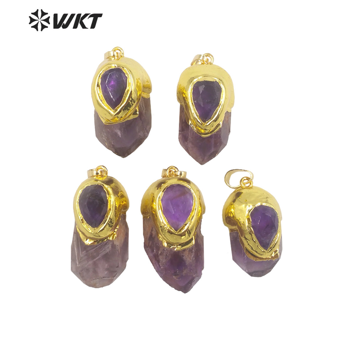 WT-P1949 Wholesale Fashion Handmade Carved Natural Amethyst Pendant for Lady Necklace Design in 18K Real Gold Plated Pendant