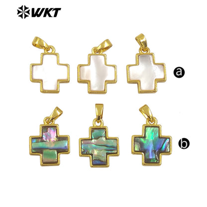 WT-JP380 Wholesale Fashion Gold Plated Bezel Setting Natural Shell Cross Jewelry Pendants Religious Jewelry