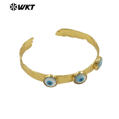 MPB113 Women Open Cuff Fashion Vintage Style Energy Religious Shell Turkey Eye Bangle for Women in 18K Real Gold Plated