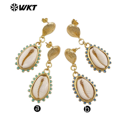 WT-MPE171 Hand Making Bohemian Style Gold Plated Natural Cowrie Shell Earrings For Women Beach Holidays Wearing Jewelry