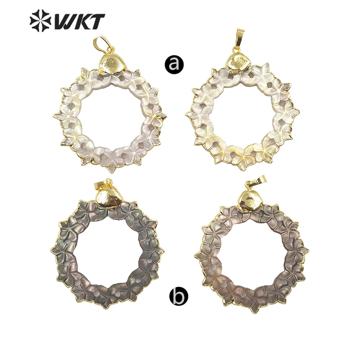 WT-JP187 Fashion Hand Carved Flower Shape Shell Pendant Gold Trim Round Natural Shell Flower Pendant for Necklace Design