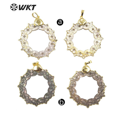 WT-JP187 Fashion Hand Carved Flower Shape Shell Pendant Gold Trim Round Natural Shell Flower Pendant for Necklace Design