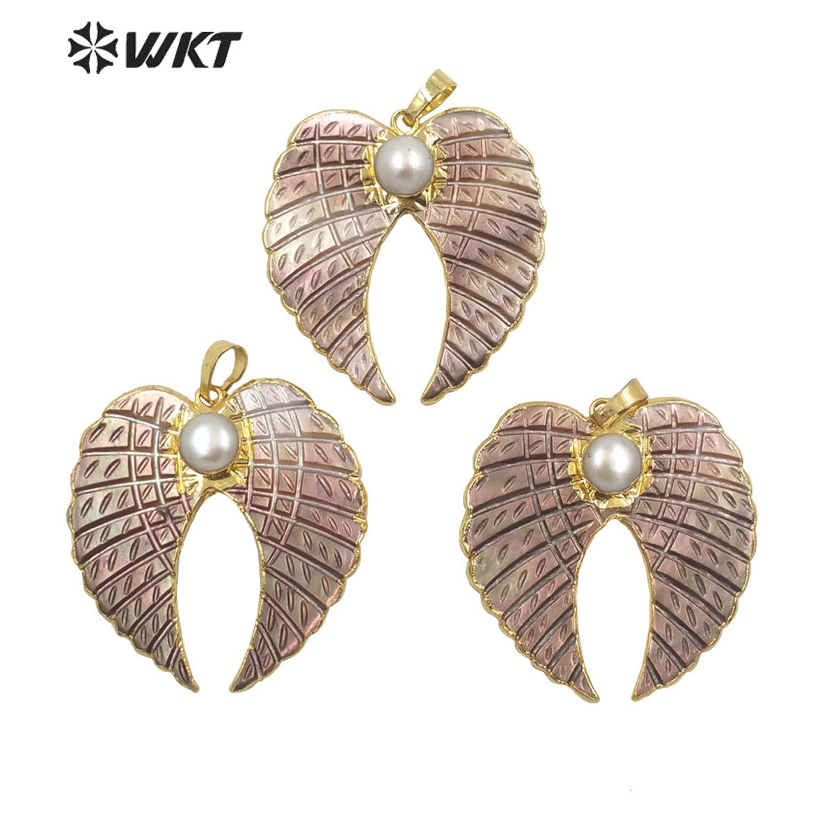 WT-JP261 WKT Newest Fashion Natural Grey Shell Feather Pendant Popular Hot Gold MOP Shell Jewelry Shell Pendant with Pearl