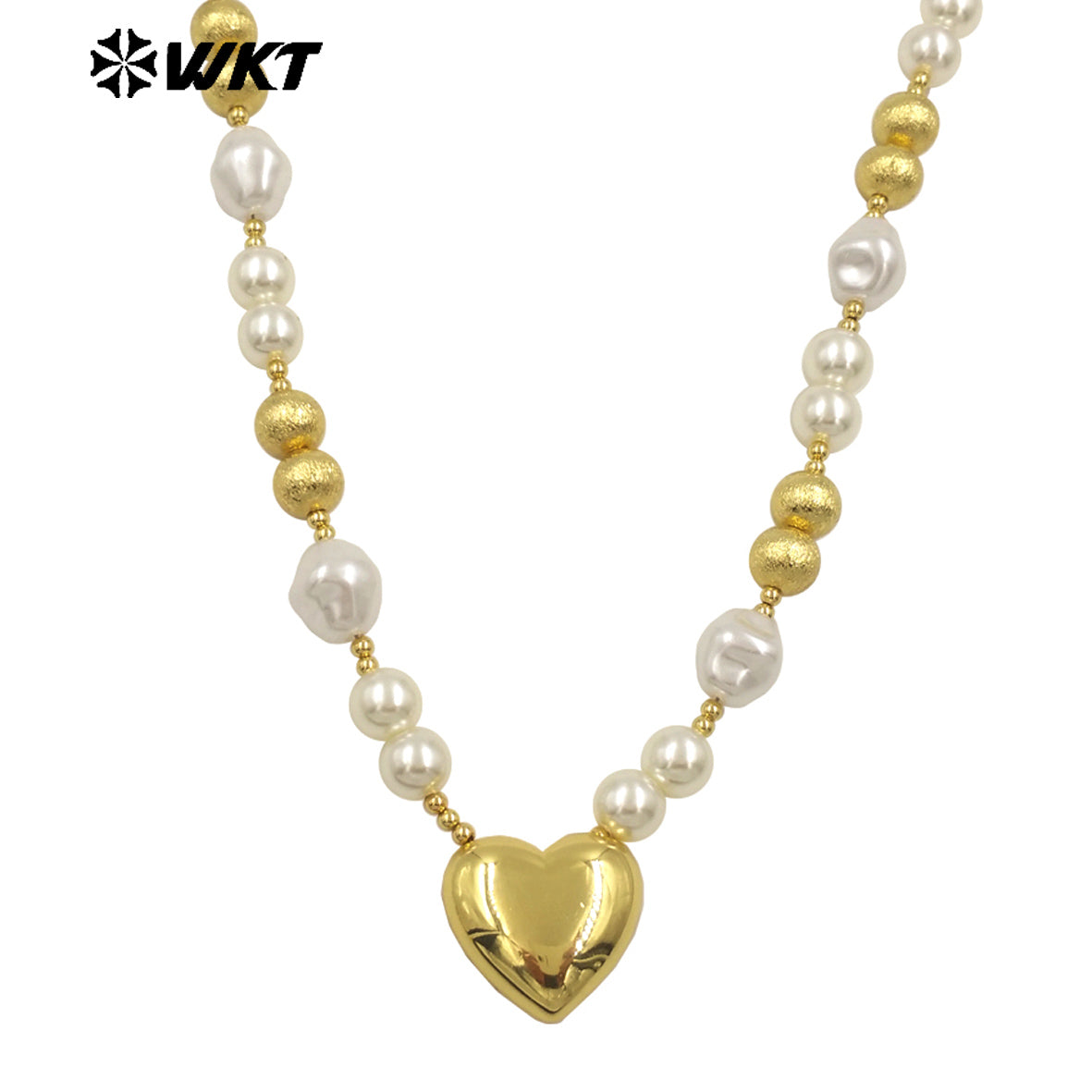 WT-JN286 New Product Lovely Natural Yellow Brass Artificial Pearl Love Shaped Necklace for Sweet Girls As Daily Matching Jewelry