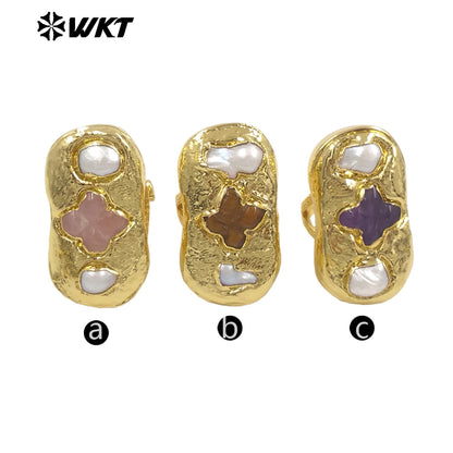 WT-MPR154 Exclusive Design Gold Plated Amethyst Natural Gemstone And Freshwater Pearls Cross Rectangle Rings For Party Jewelry