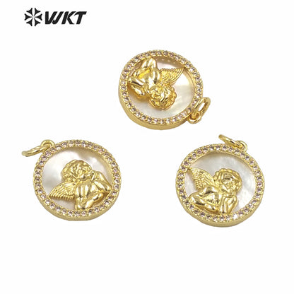 WT-MP161 Wholesale New Gold Electroplated Small Round Coin Angel Pendant Women Fashion Cubic Zircon Setting Angel Pendant Jewel