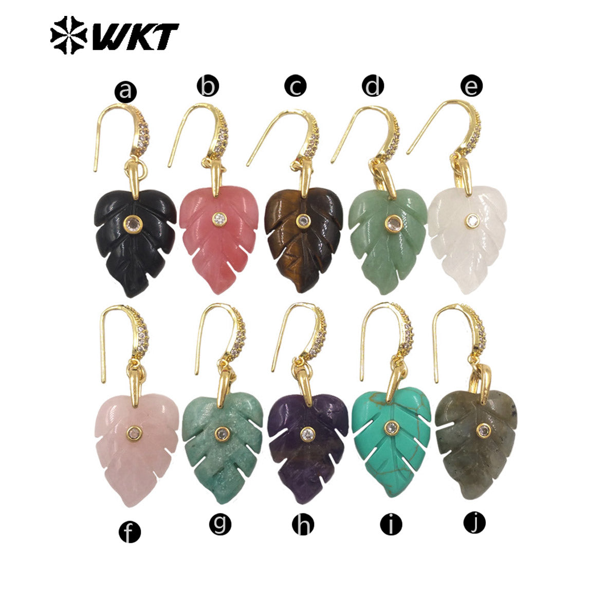 WT-E829 Wholesale Popular Zircon And Colorful Natural Gemstones Carved Leaf Shape Gold Earrings For Women Lovely Jewelry