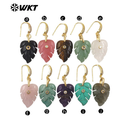 WT-E829 Wholesale Popular Zircon And Colorful Natural Gemstones Carved Leaf Shape Gold Earrings For Women Lovely Jewelry
