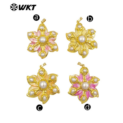 WT-JP389 New Arrival Shell Six Pearls Combination Flower Shape Colorful 18K Gold Plated Pendant Beautiful Jewelry for Women