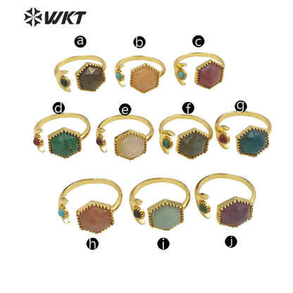 WT-R426 Delicate Fashion Gold Open Size Double Stone Ring Natural Gemstone Hexagon Double Stone Gold Bezel Ring for Girls