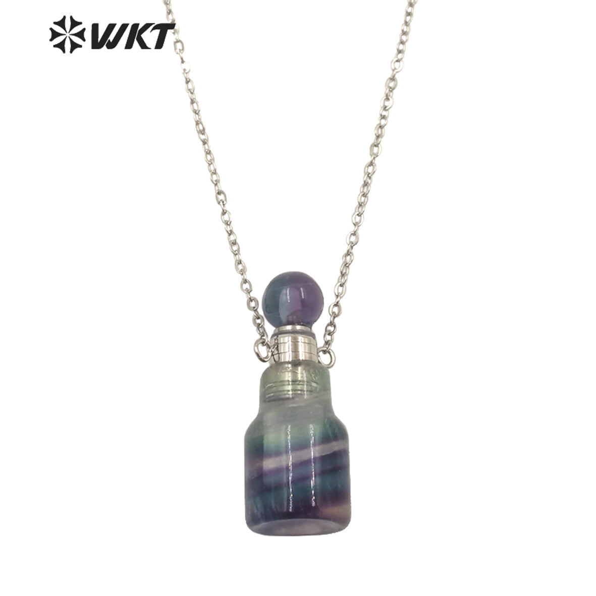 WT-N1455 Newest Fashion Gold Plated Natural Stone Made Rainbow Fluorite Perfume Bottle Necklace Girl Birthday Gift Jewelry