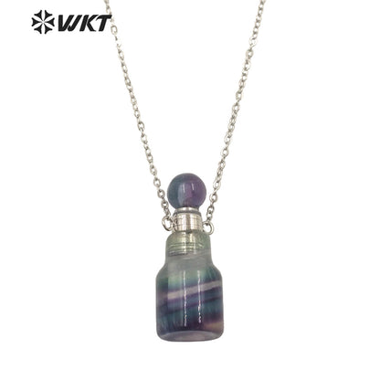 WT-N1455 Newest Fashion Gold Plated Natural Stone Made Rainbow Fluorite Perfume Bottle Necklace Girl Birthday Gift Jewelry