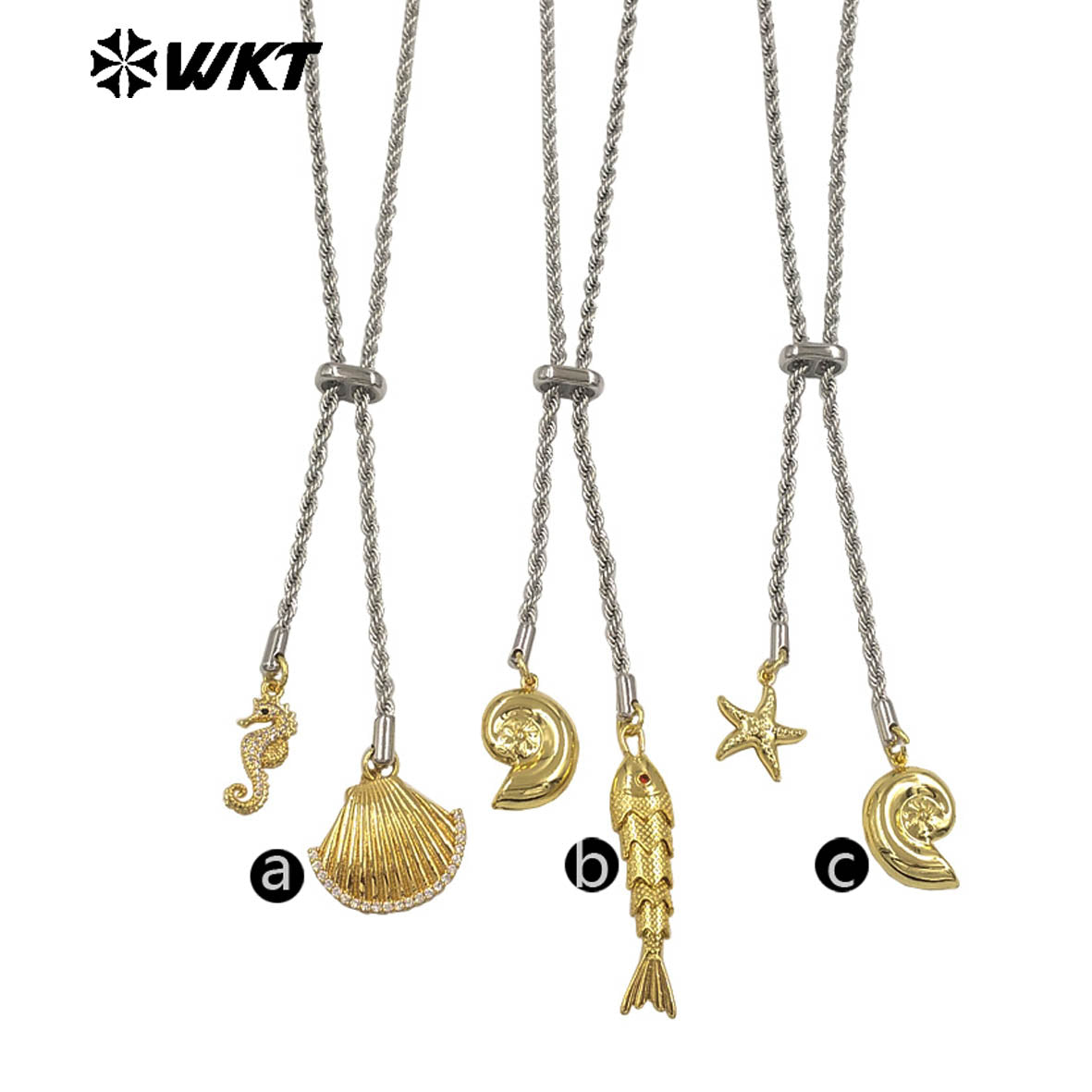 WT-JFN54 Lovely Double Gold Plated Brass And Zircon Shell Fish Charms With Silver Chain Necklace As Women Birthday Gift