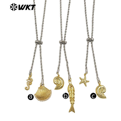 WT-JFN54 Lovely Double Gold Plated Brass And Zircon Shell Fish Charms With Silver Chain Necklace As Women Birthday Gift