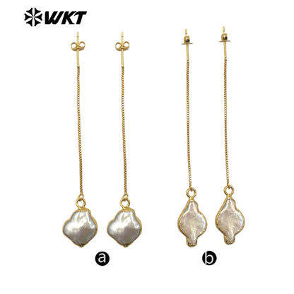 WT-MPE153 High Quality Natural Freshwater Pearl Long Earrings Gold Plated Double Design for Elegant Ladies Tiny Charm Jewelry