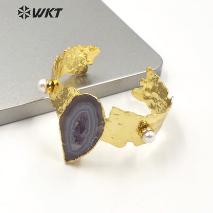 WT-B514 Gorgeous Fashion Gold Plated Natural Stone Bracelet Bangle Supper Chic Geode Agate Bangle for Women