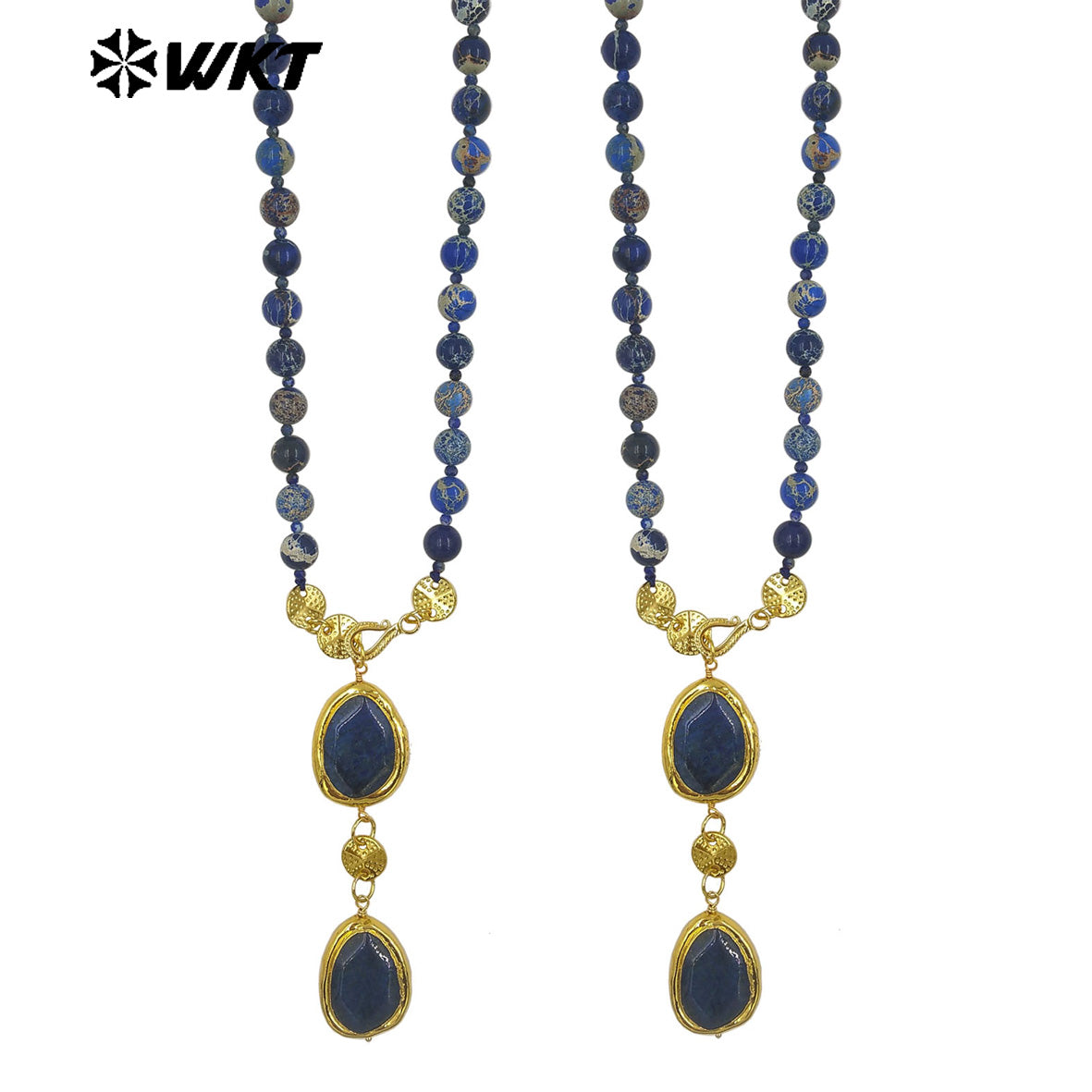 WT-N1505 Popular Boutique Natural Ocean Jasper Stone Beads With Gold Plated Lapis Pendant Necklace As Women Anniversary Gift