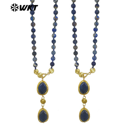 WT-N1505 Popular Boutique Natural Ocean Jasper Stone Beads With Gold Plated Lapis Pendant Necklace As Women Anniversary Gift