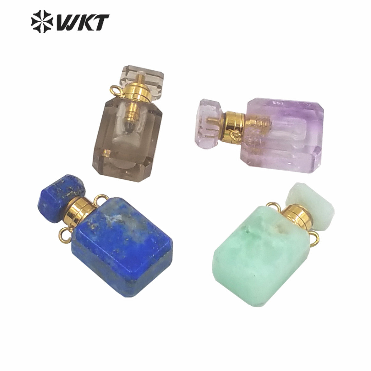 WT-P1573 WKT New Design Small Natural Stone Perfume Bottle Pendant Double Loops Gold Faceted Stone Carved Cube Perfume Bottle