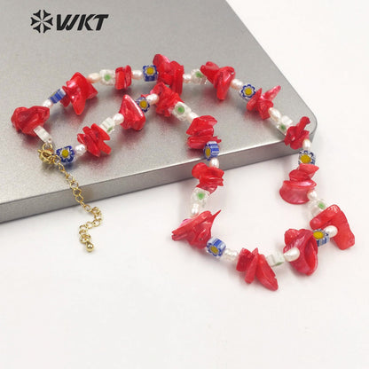 WT-JN186 Natural Red Shell Nugest Beads Necklace Unique Boho Vintage Irregular Enamel Pearl Beads Chocker Necklace