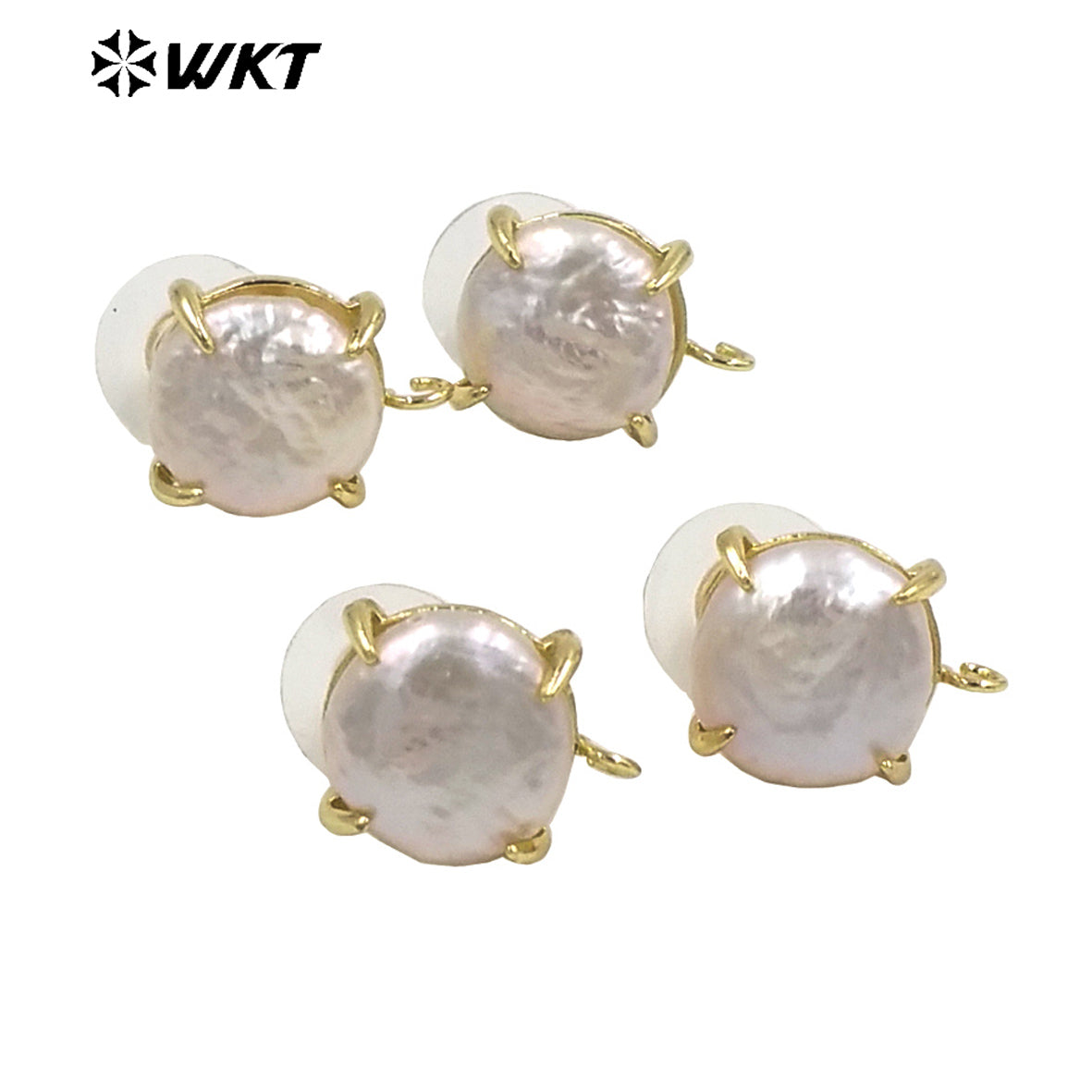 JFE81 Unique Fashion Gold Claw Setting Round Coin Freshwater Pearl Studs with Hoop for Jewelry Making Women DIY Popular Ear Stud