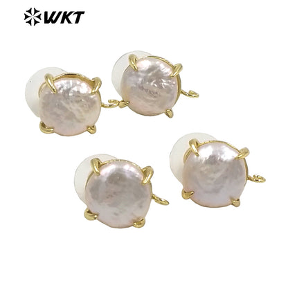 JFE81 Unique Fashion Gold Claw Setting Round Coin Freshwater Pearl Studs with Hoop for Jewelry Making Women DIY Popular Ear Stud