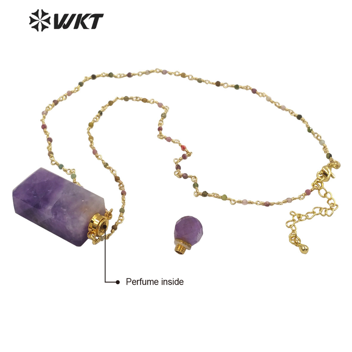 WT-N1276 Wholesale Natural Long square Stone Quart Perfume Bottle Necklace Colorful Tourmaline Beads Rosary Chain Perfume Bottle