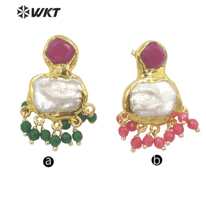 WT-MPE118 Gorgeous Fashion Dangling Charm Natural Freshwater Pearl Earrings Amazing Women Anniversary Gold Statement Studs