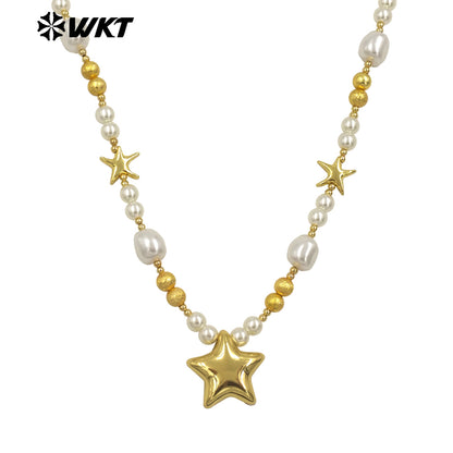 WT-JN287 WKT Natural Yellow Brass Artificial Pearl Star Shape Gold and Silver 16 Inch Necklace for the Girl As Birthday Gift