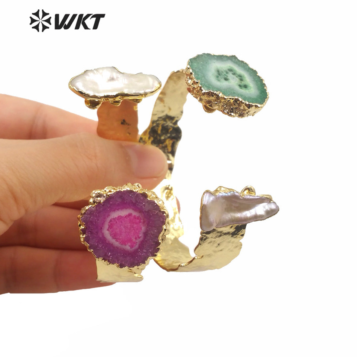 WT-B569 WKT Exclusive Design Natural Stalactite Quartz Gold Plated Bangle Fashion Lady Adjustable Size Real Stone Quartz Bangle